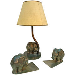 Vintage Pair of Art Deco Elephant Bookends with Matching Tabel Lamp