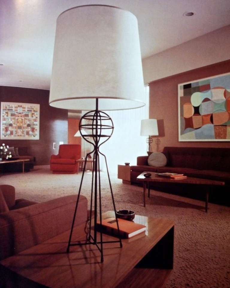 Rare to market architectural lamps by Harry Lawenda for Kneedler Fauchere. The second image is a period photo of the lamps in an Alvin Lustig designed interior. Lamps are 40