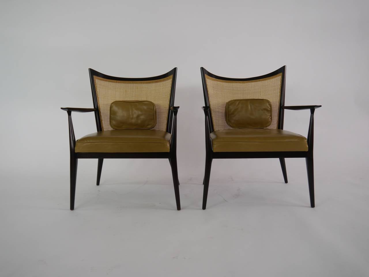 Mid-Century Modern Elegant Lounge Chairs in Cane and Leather by Paul Mccobb