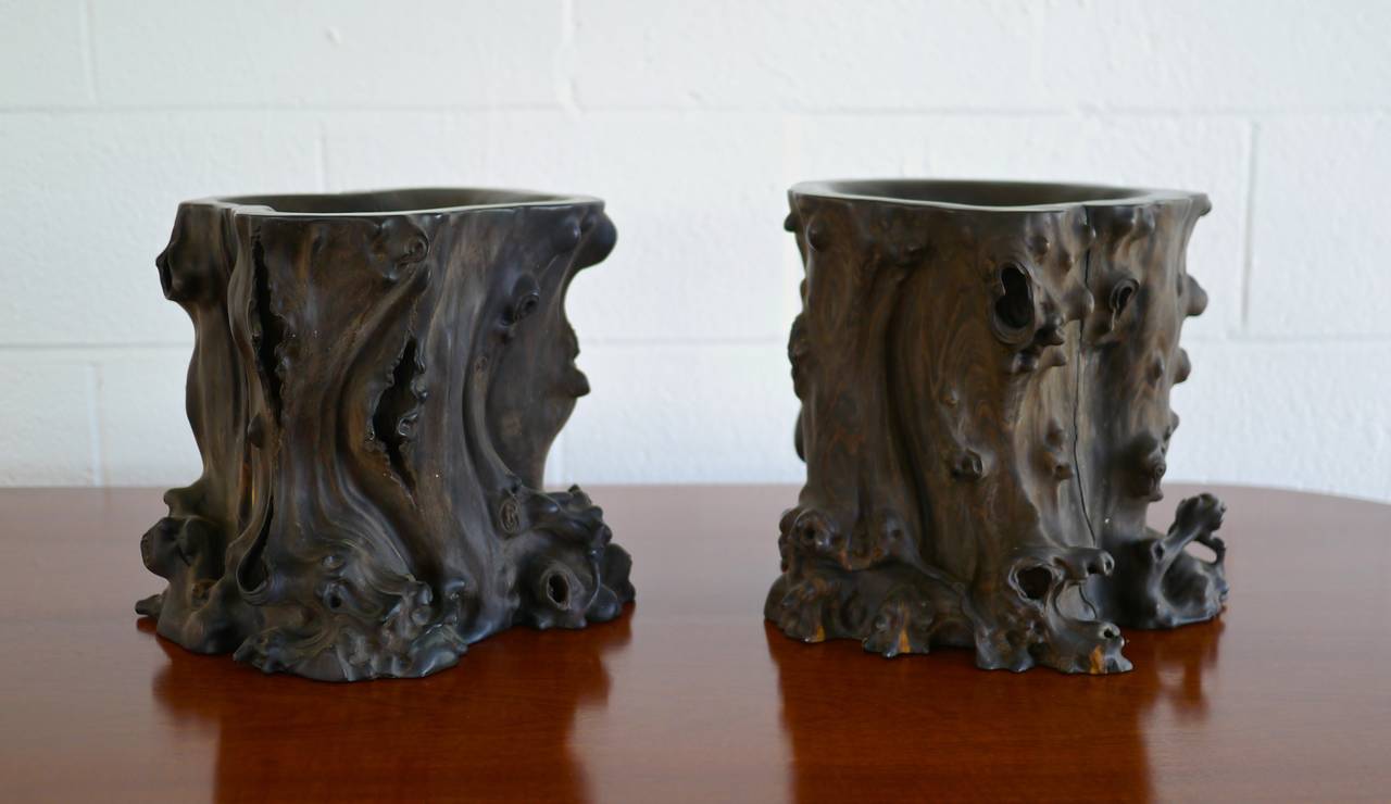 Pair Exceptional Chinese Zitan Root Scholar's Brush Pots