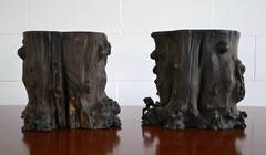 Pair Exceptional Chinese Zitan Root Scholar's Brush Pots