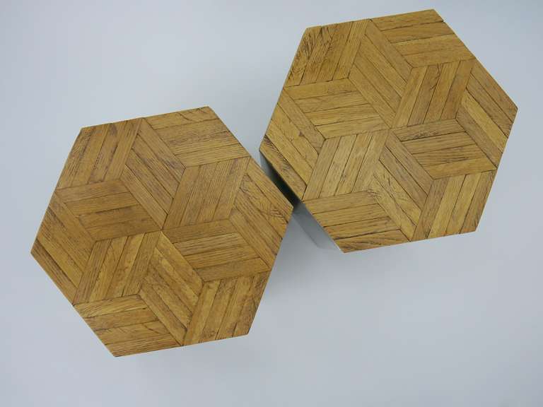 Mid-Century Modern Custom Stainless Steel and Parquet Tables