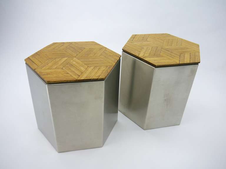 Custom stainless steel and parquet tables in the style of Maria Pergay.