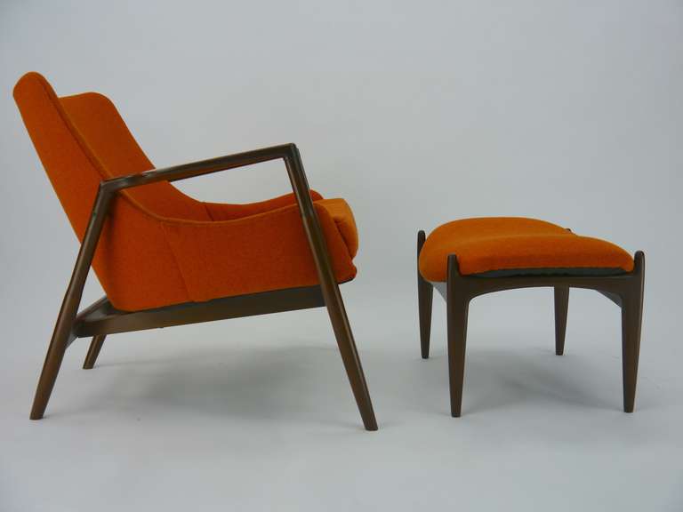 Ib Kofod Larsen lounge chair and ottoman. Made in Denmark, imported by Selig. Newly upholstered in  Kvadrat Hallingdol 65.