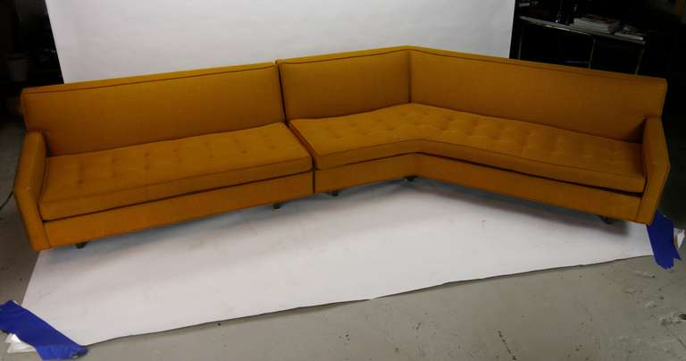 Large 2 piece sectional sofa by Harvey Probber. 13 ft at it's widest. Both pieces labeled. Email for a detailed schematic of dimensions and geometry.