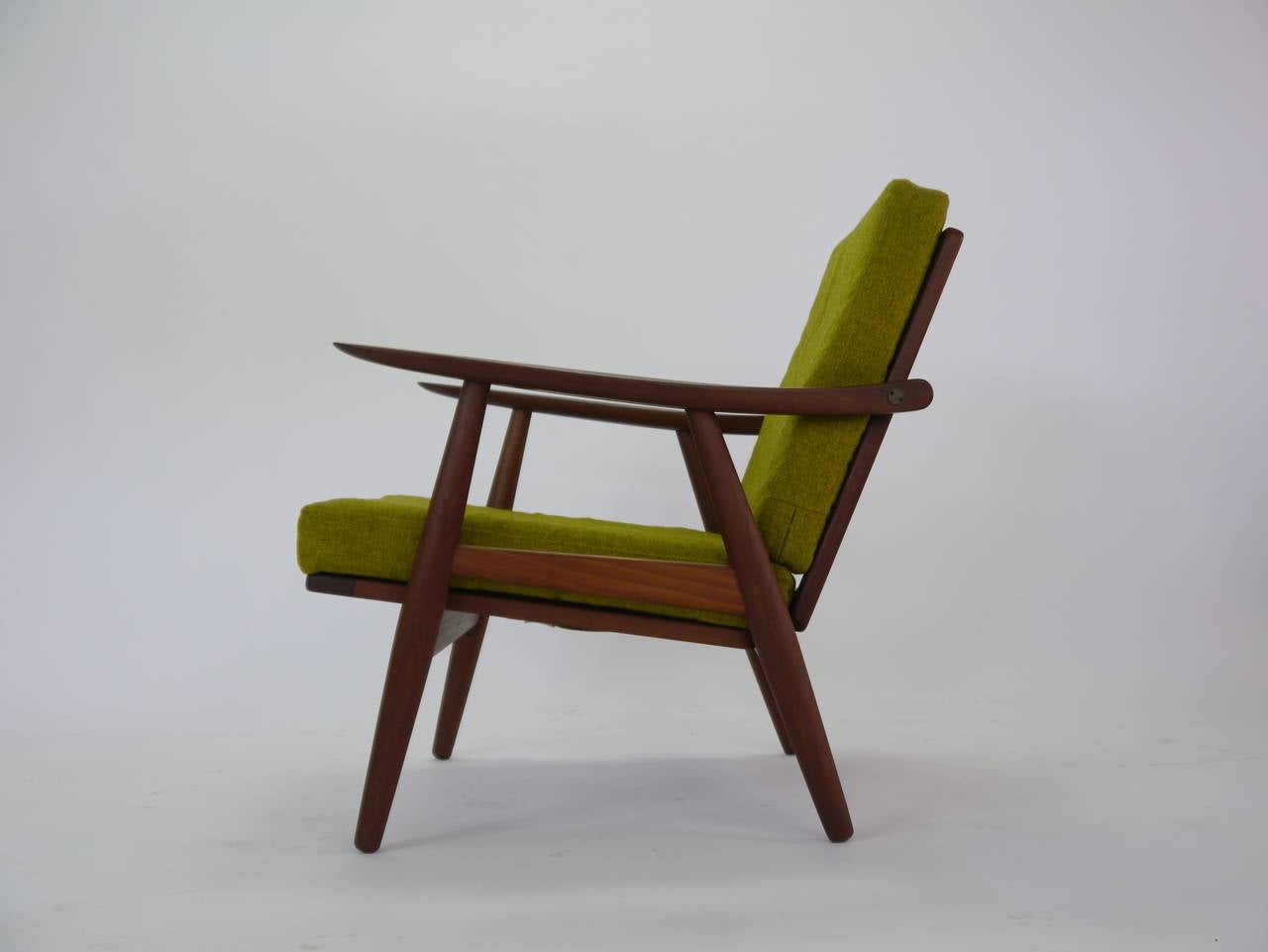 Pair GE-270 lounge chairs in Teak by Hans Wegner for Getama. Both chairs in fine vintage condition. The cushions are upholstered in their original Halingdal Kvadrat wool and have been re-foamed ( after photography ) Both chairs branded Hans Wegner,