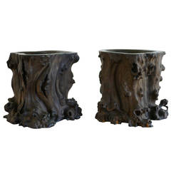 Pair of Exceptional Chinese Zitan Root Scholar's Brush Pots