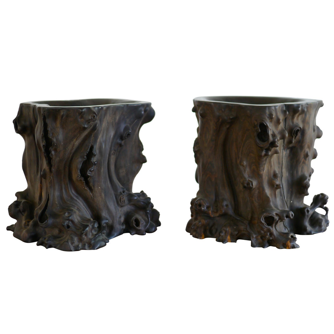 Pair of Exceptional Chinese Zitan Root Scholar's Brush Pots