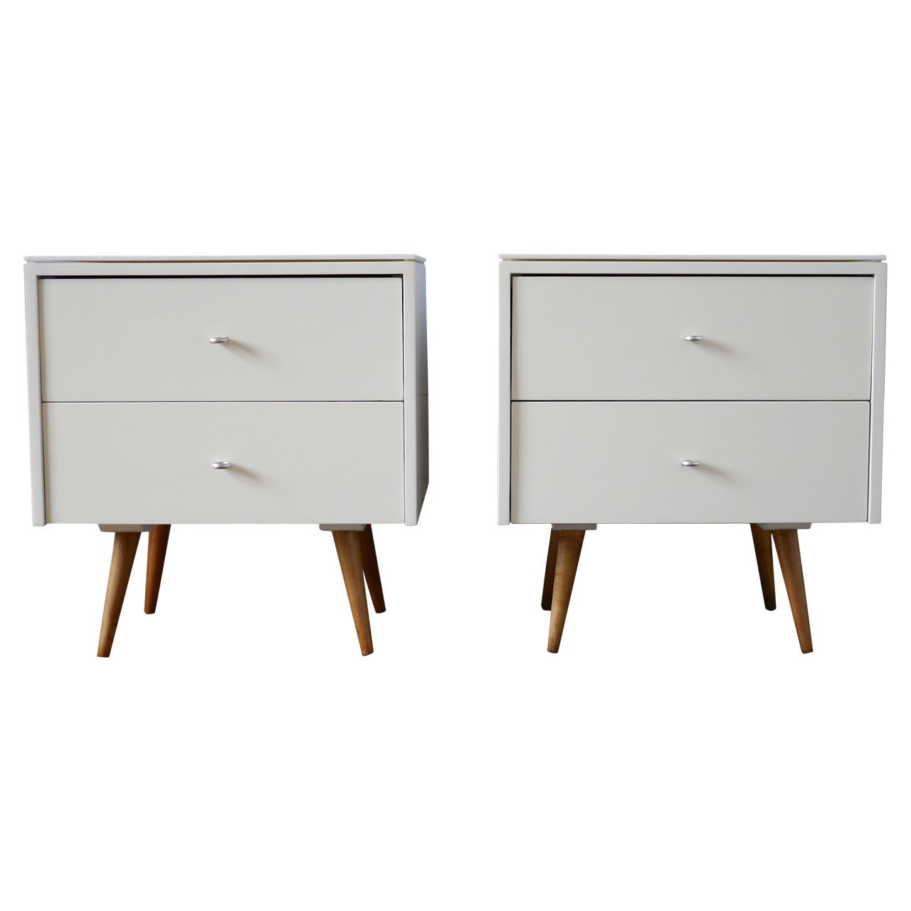 Pair of Paul McCobb Nightstands in White Lacquer with Vitrolite Tops