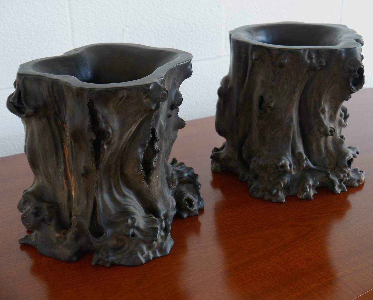 Qing Pair of Exceptional Chinese Zitan Root Scholar's Brush Pots