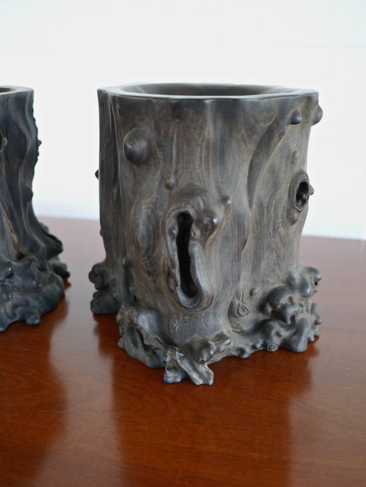 Pair of Exceptional Chinese Zitan Root Scholar's Brush Pots In Good Condition In Hadley, MA