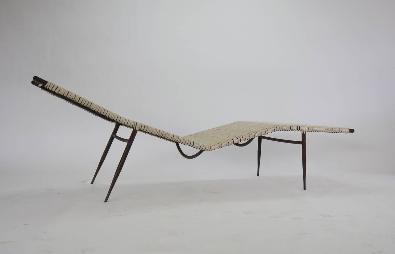 Exceptional indoor / outdoor mid century chaise in steel and rope. Possibly designed by Kipp Stewart.