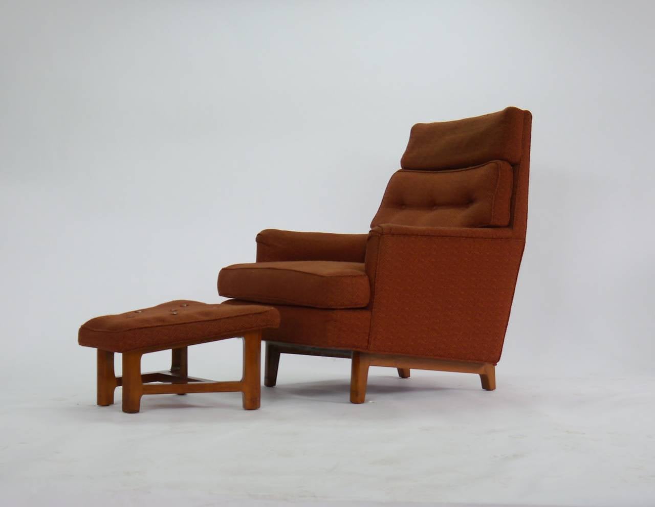 Bracket back lounge chair and ottoman by Edward Wormley for Dunbar. Two examples of each available. Wood components refinished to order.