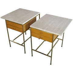 Pair of Paul Mccobb Irwin Collection Brass and Travertine Nightstands