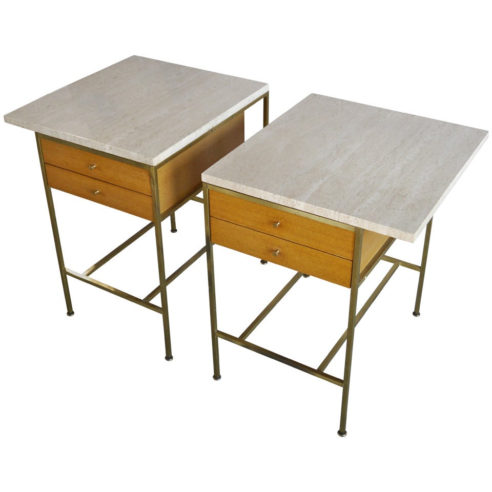 Pair of Paul Mccobb Irwin Collection Brass and Travertine Nightstands