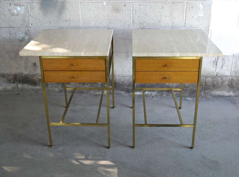 Mid-20th Century Pair of Paul Mccobb Irwin Collection Brass and Travertine Nightstands