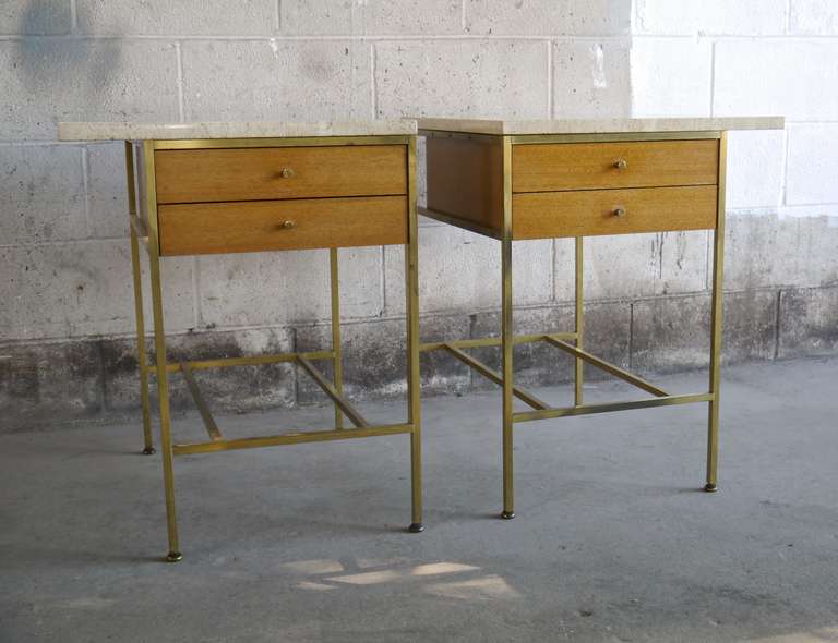 American Pair of Paul Mccobb Irwin Collection Brass and Travertine Nightstands