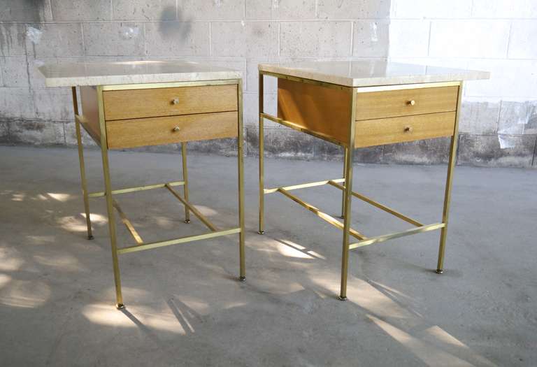 Pair of Paul Mccobb Irwin Collection Brass and Travertine Nightstands In Excellent Condition In Hadley, MA