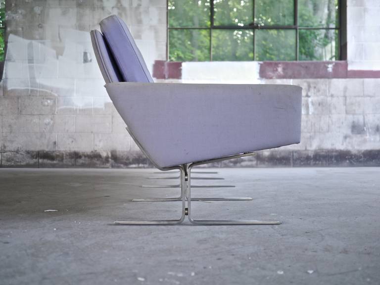 8ft. Danish sofa Poul Norreklit for Hovedstadens Møbelfabrik. Rare to the U.S. market, Norreklit's designs are of the highest quality. This design features a flat bar, satin chrome sled base.

Please excuse our appearance as we renovate our new
