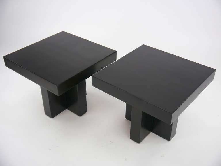 Pair Adrian Pearsall cruciform side tables in hand rubbed dark walnut lacquer.