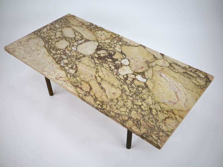 Pair Breccia Nouvelle marble tables with brass legs 1