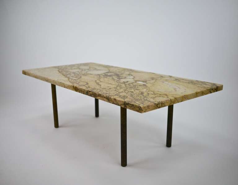 American Pair Breccia Nouvelle marble tables with brass legs
