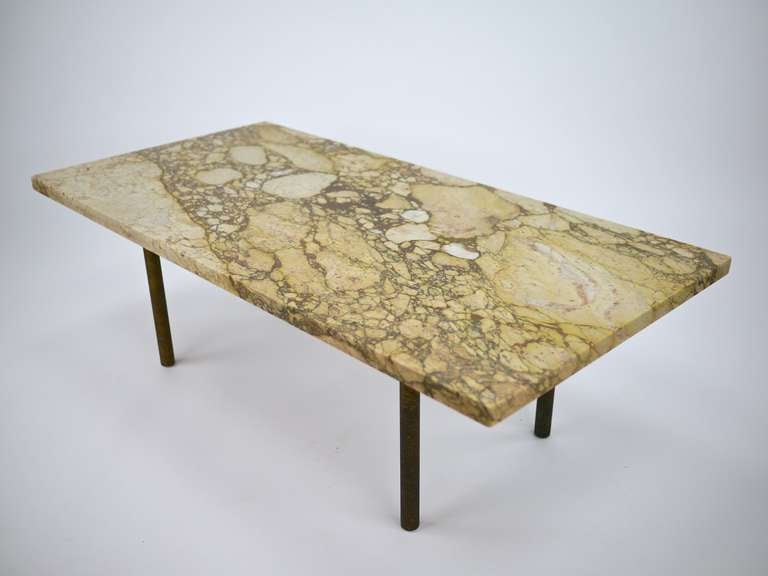 Wood Pair Breccia Nouvelle marble tables with brass legs