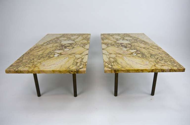 Mid-Century Modern Pair Breccia Nouvelle marble tables with brass legs