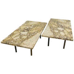 Pair Breccia Nouvelle marble tables with brass legs