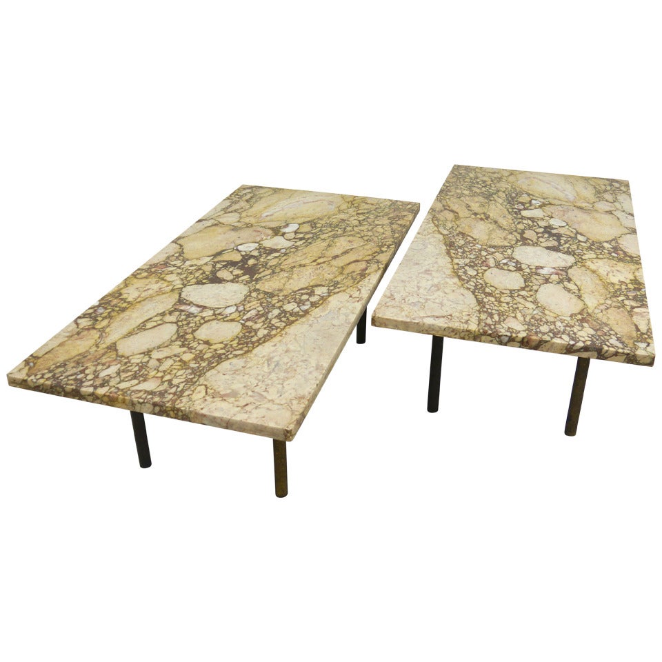 Pair Breccia Nouvelle marble tables with brass legs