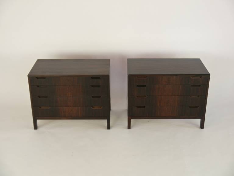 Pair of petite rosewood chests by Svend Langkilde, made in Denmark, circa 1960s. Bookmatched drawer fronts, rich highly figured grain. Measures: 20