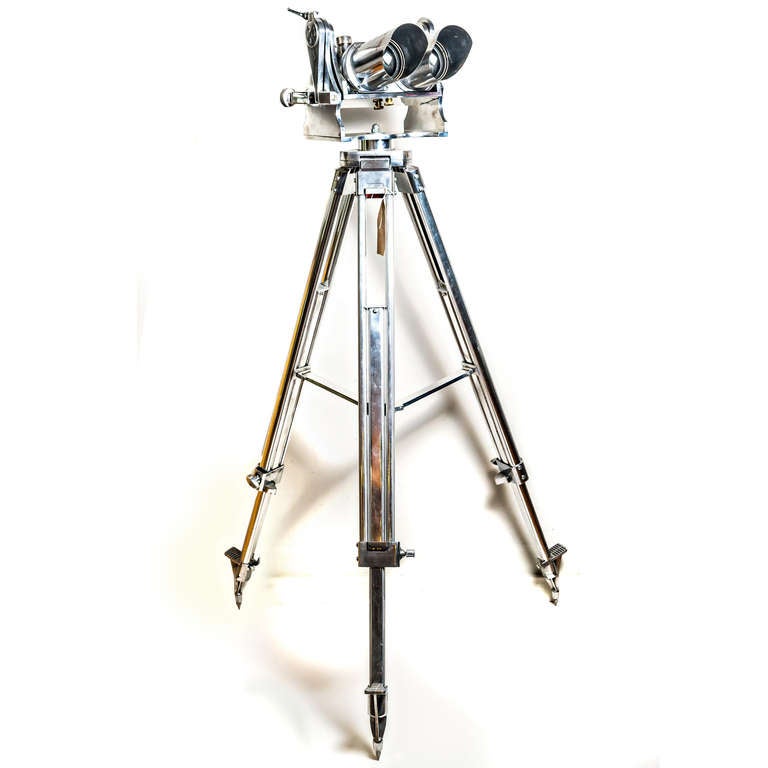 Stein anti-aircraft binoculars, 1941. Steel construction on a polished aluminium adjustable tripod. Fully working optics and filters.