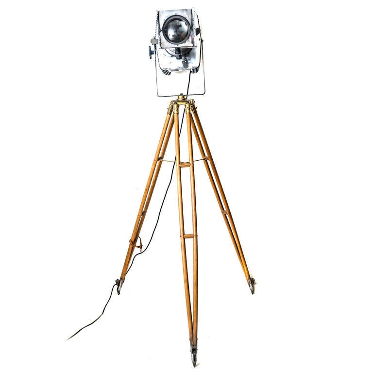 French Film Light on Vintage Tripod with Brass Fittings, 1940s
