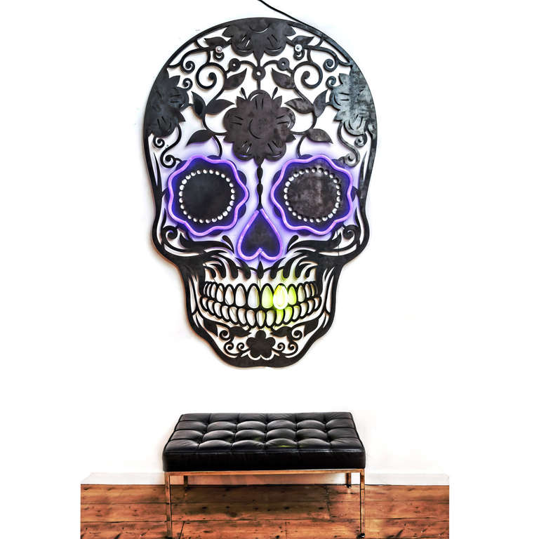 Cut from 10 mm mild steel, and measuring over 1.5 m or 5 ft is this beautiful sugar skull neon wall art. Fitted with LED neon lights it will make a huge statement on any wall.