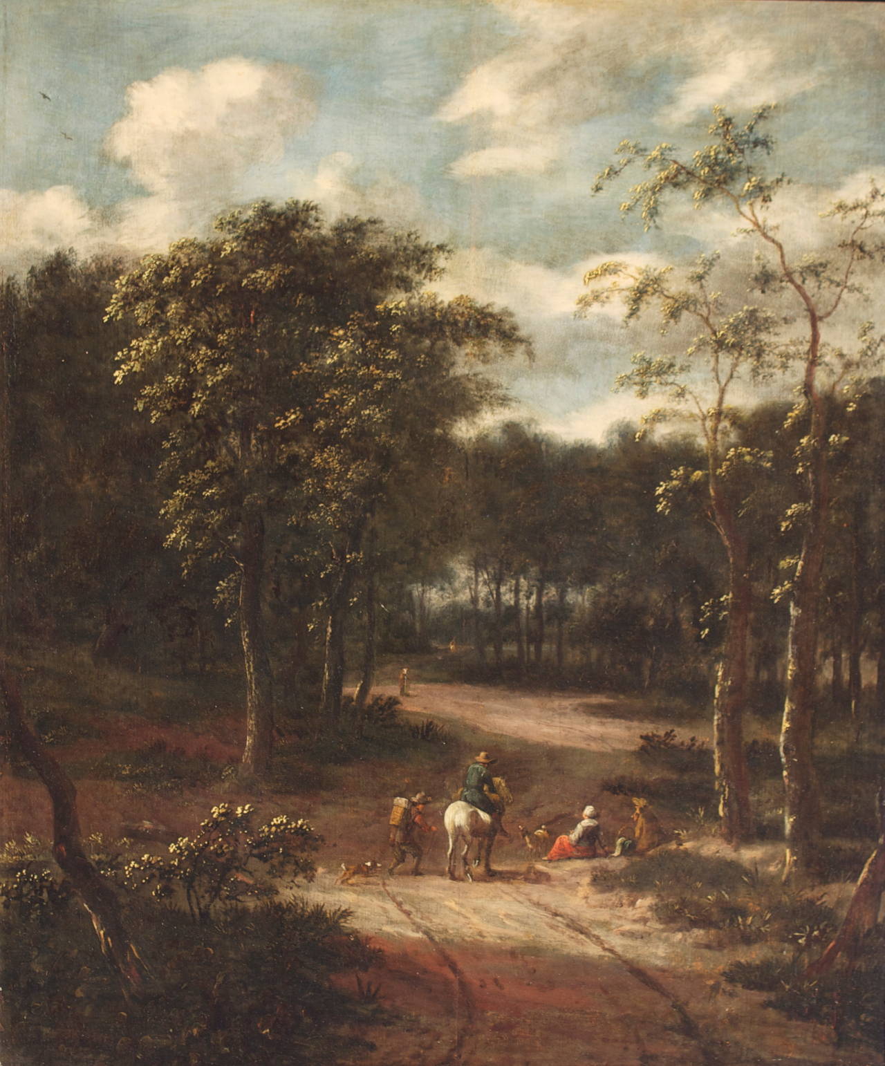 Unknown Landscape Painting - 17thc. Dutch School, Forest Interior with Travelers at Rest