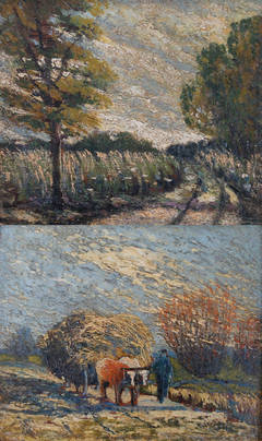 Country Road and The Hay Wagon, a pair of oil paintings