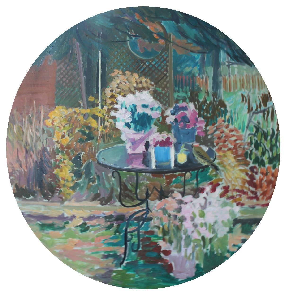 Joseph O'Sickey Still-Life Painting - Garden Still Life with Table and Bird