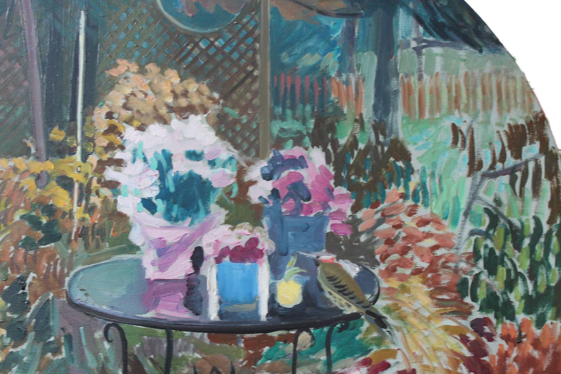 Garden Still Life with Table and Bird - Gray Still-Life Painting by Joseph O'Sickey