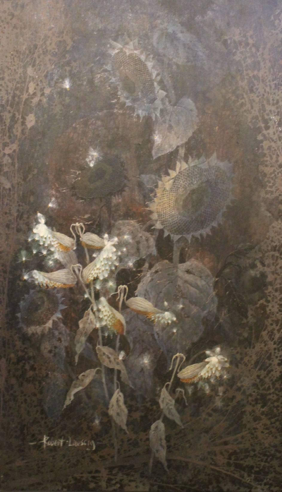 Robert Laessig Still-Life Painting - Milk Weed Pods and Sunflowers, Moonlight