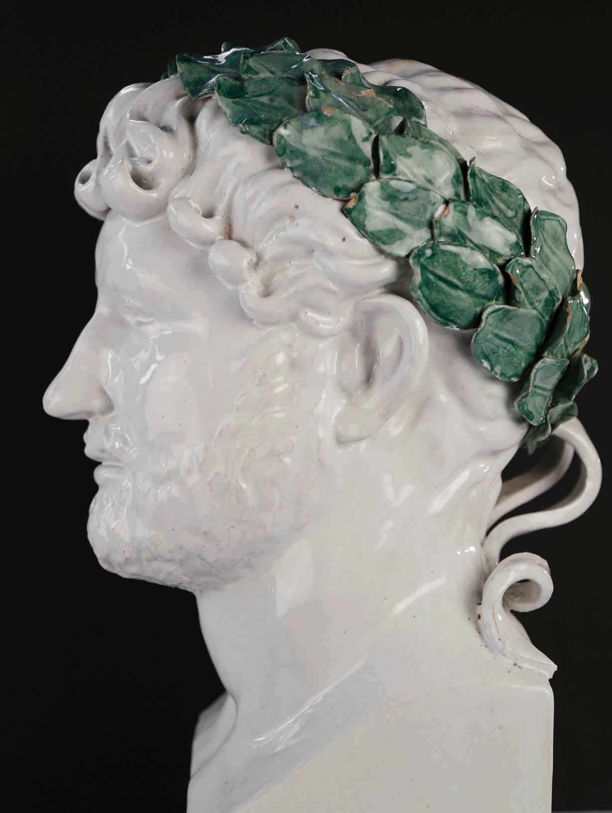 Unknown Figurative Sculpture - Glazed Ceramic Bust of a Roman