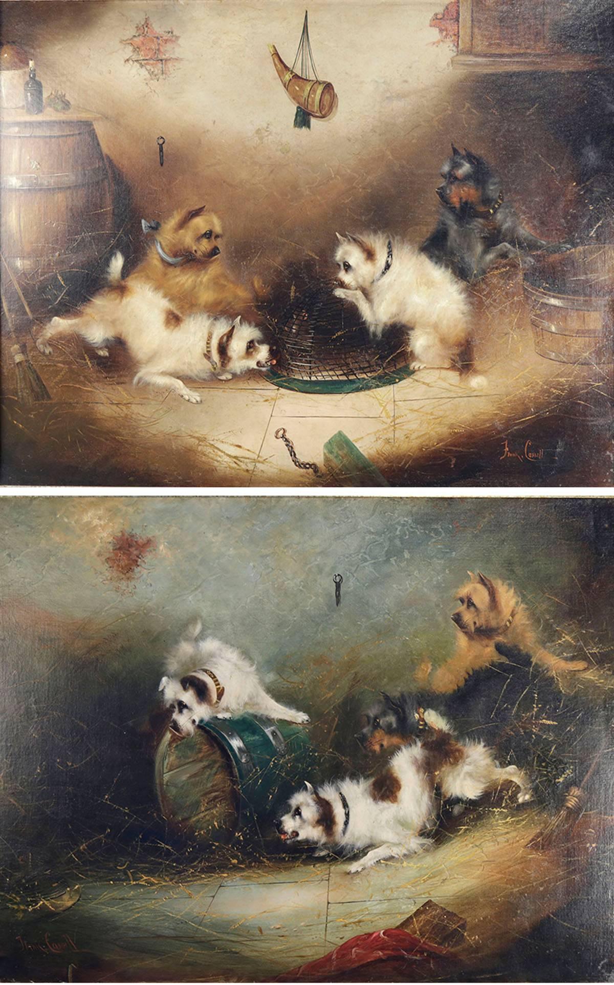 Unknown Animal Painting - Terriers and Caged Rat, a pair of paintings