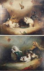 Terriers and Caged Rat, a pair of paintings