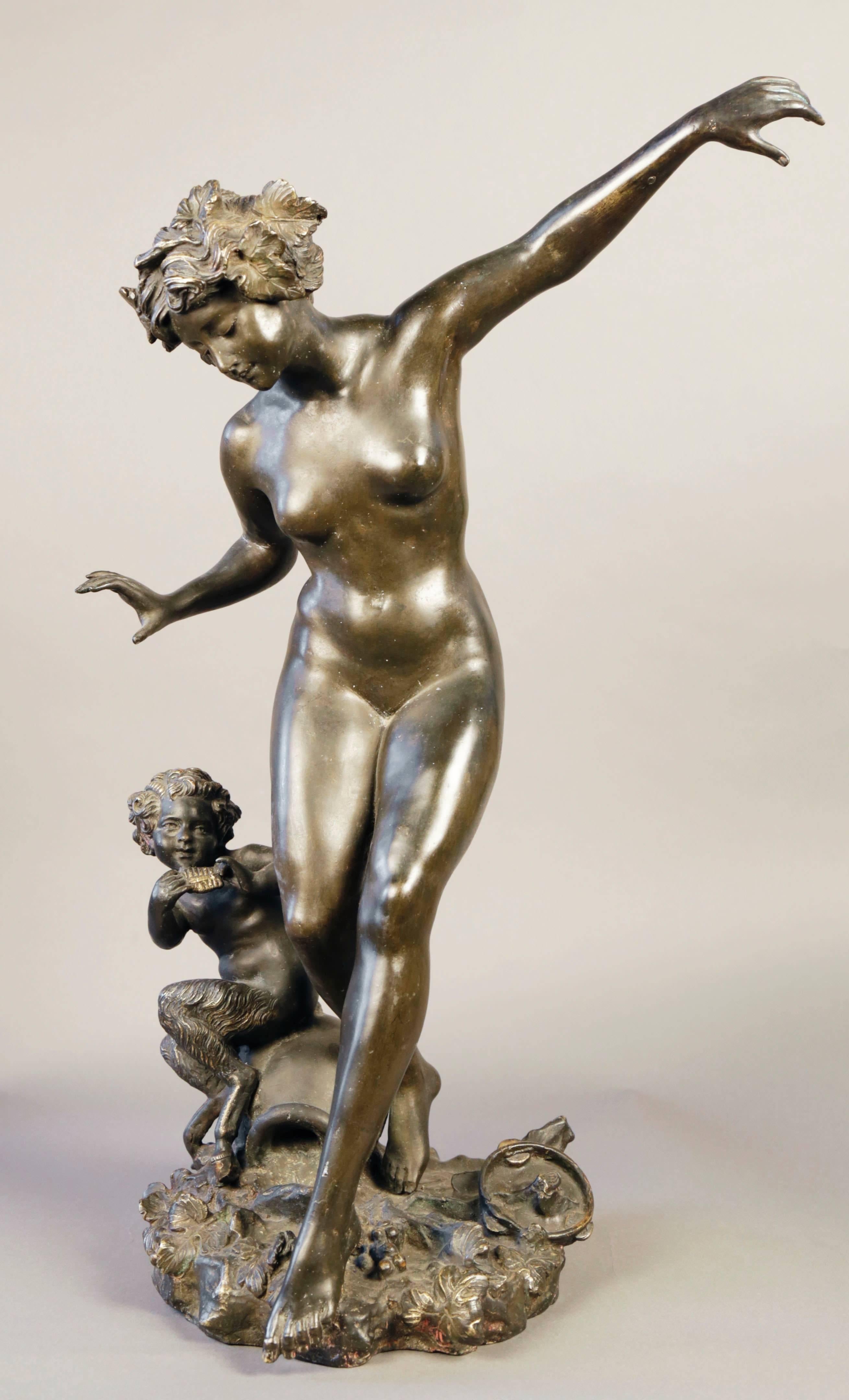 Auguste Moreau Nude Sculpture - Frolicking Nymph and Young Satyr