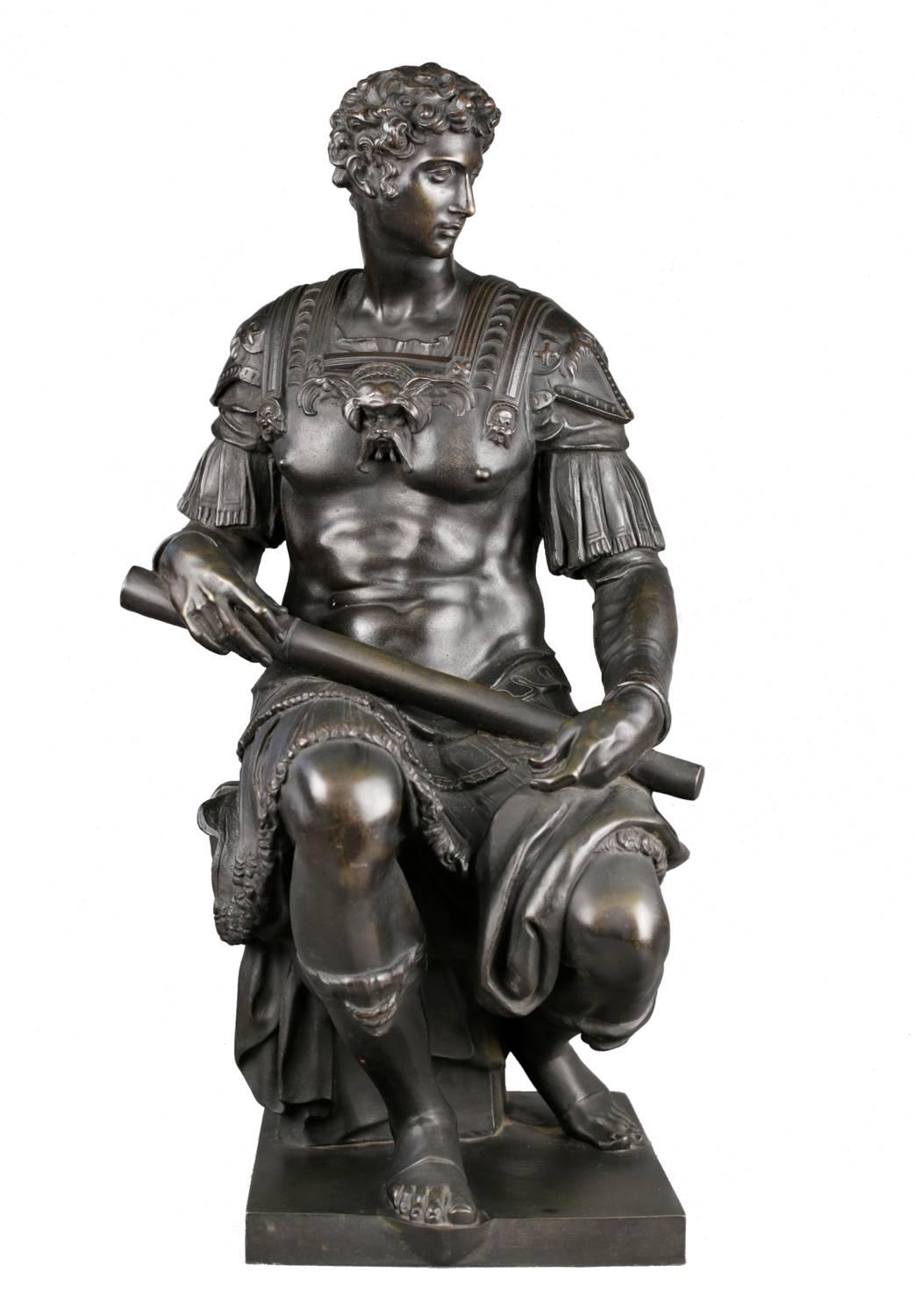 Michelangelo Buonarroti Figurative Sculpture - French or Italian Bronze figure of Giuliano de Medici after Michelangelo
