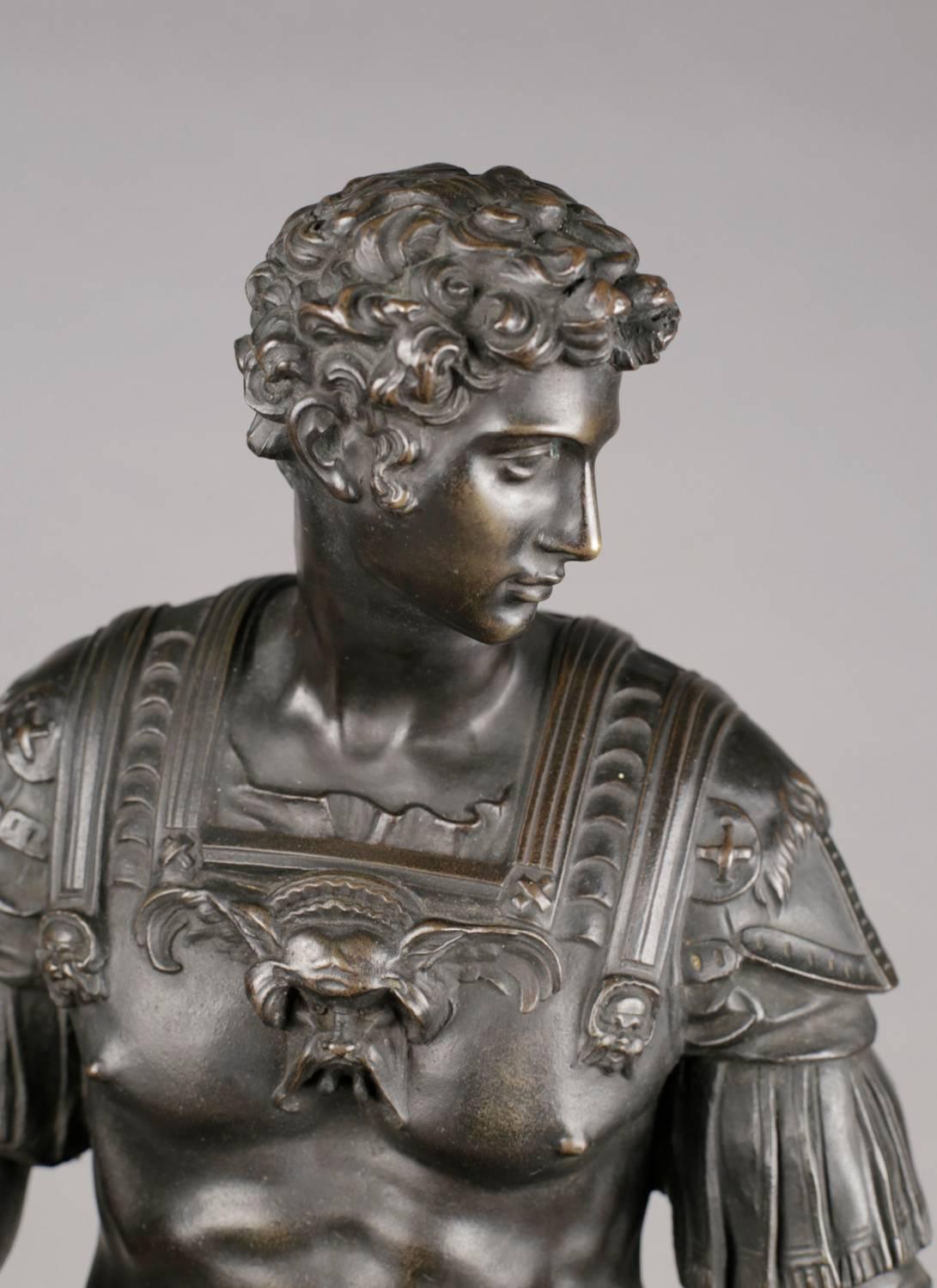 French or Italian Bronze figure of Giuliano de Medici after Michelangelo - Gold Figurative Sculpture by Michelangelo Buonarroti