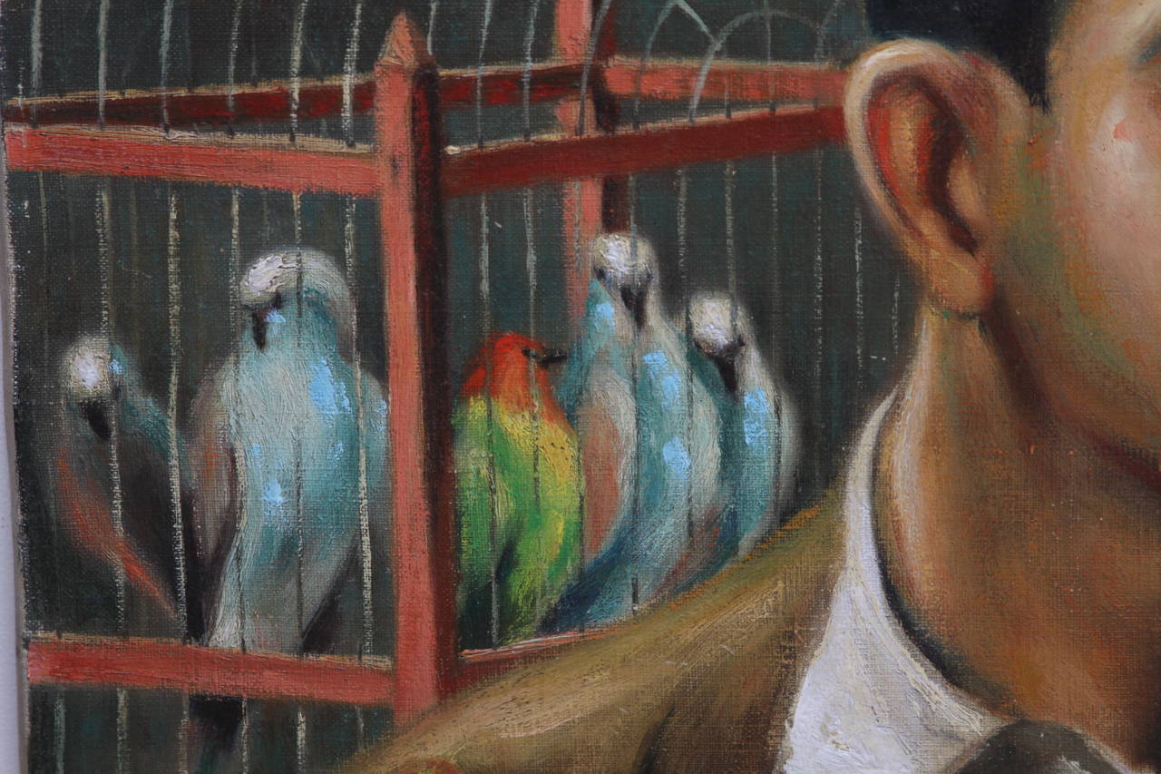 Bird Vendor, Caracas - Gray Portrait Painting by Clarence Holbrook Carter