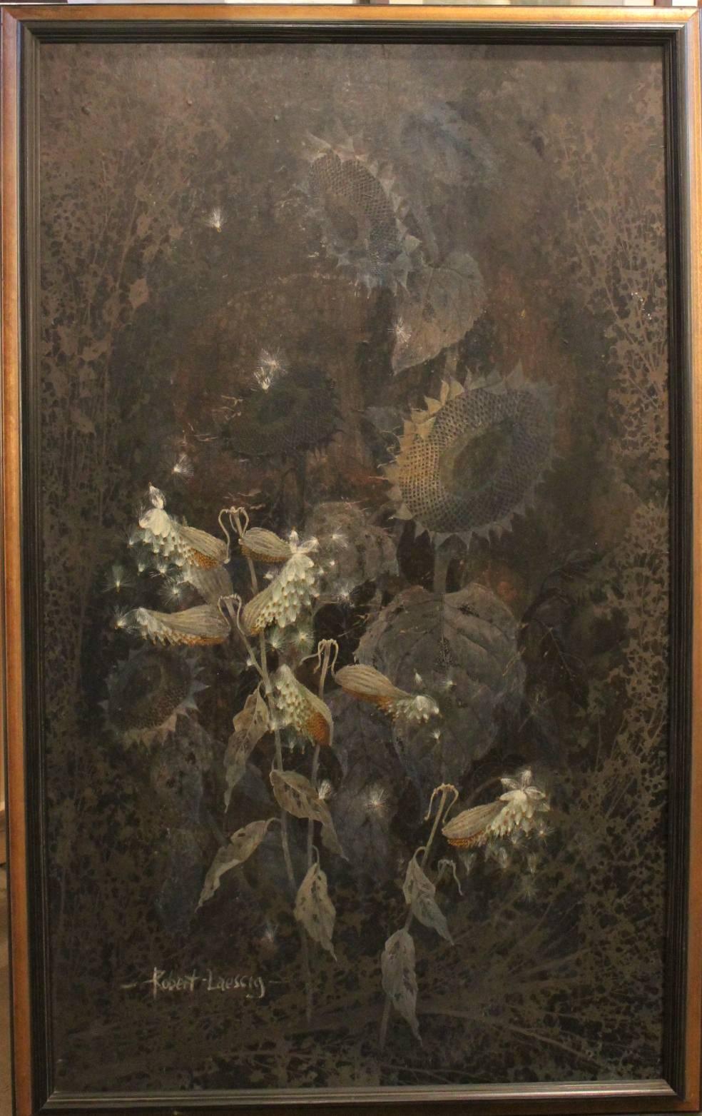 Milk Weed Pods and Sunflowers, Moonlight - Painting by Robert Laessig