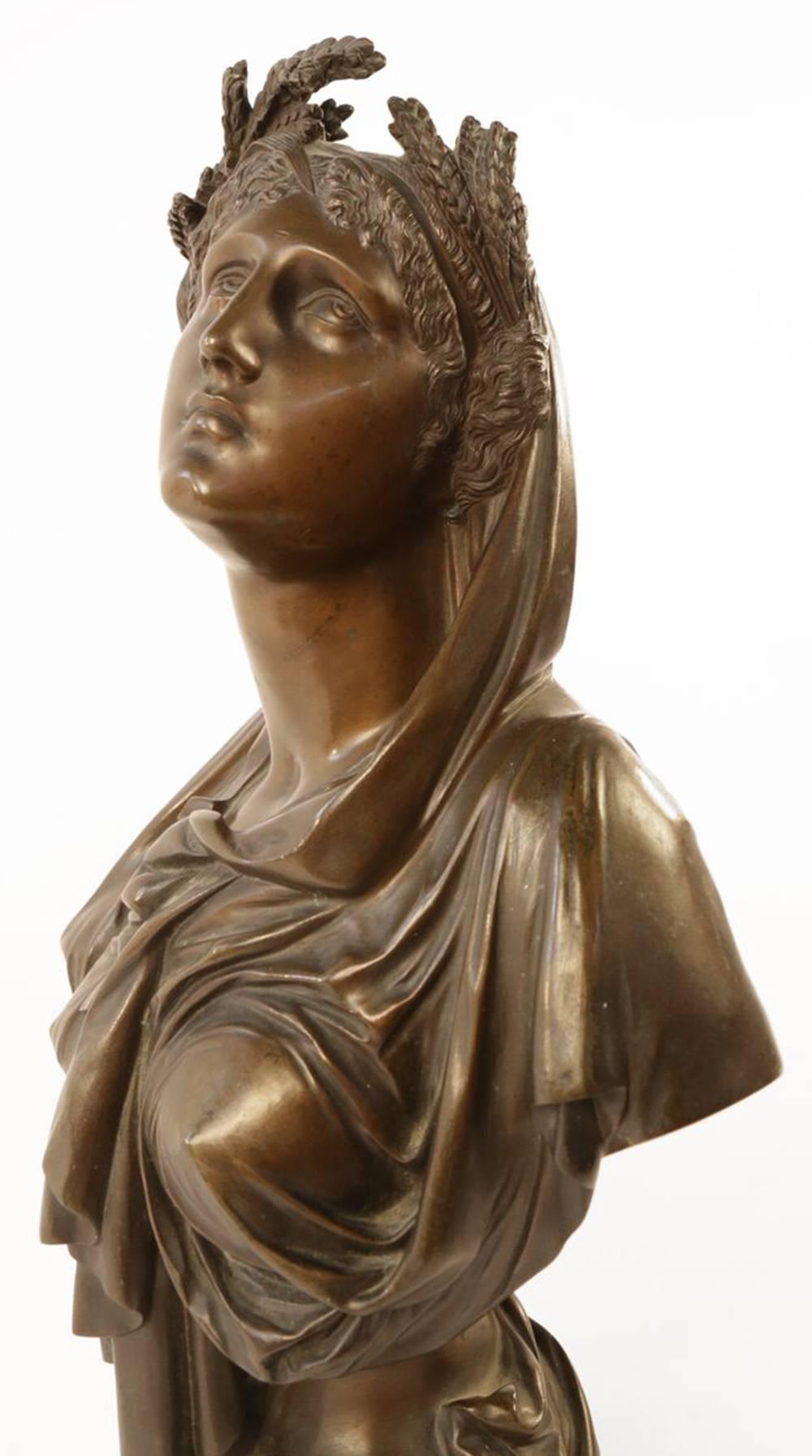 Bronze Bust of Ceres, Goddess of Agriculture, Fertility and Summer

A bust length portrait of the classical goddess, finely cast, gazing upward, wearing a wreath of wheat in her hair

14.5 in. h.