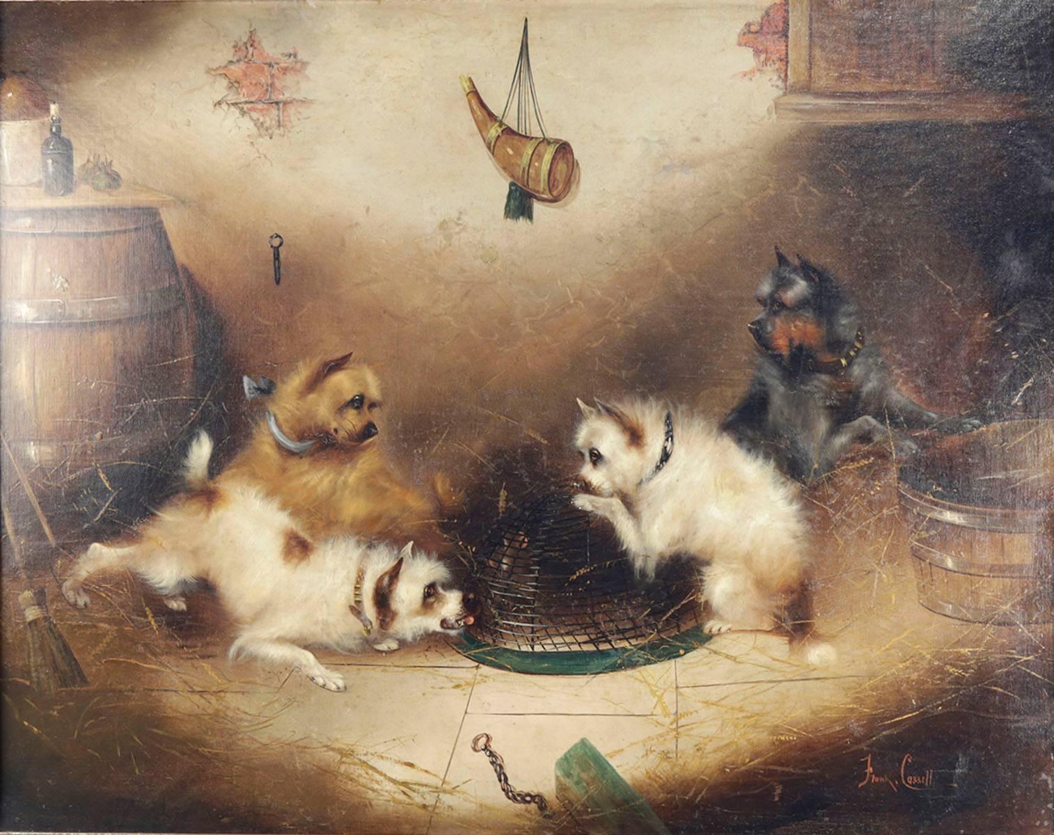 Terriers and Caged Rat, a pair of paintings - Painting by Unknown