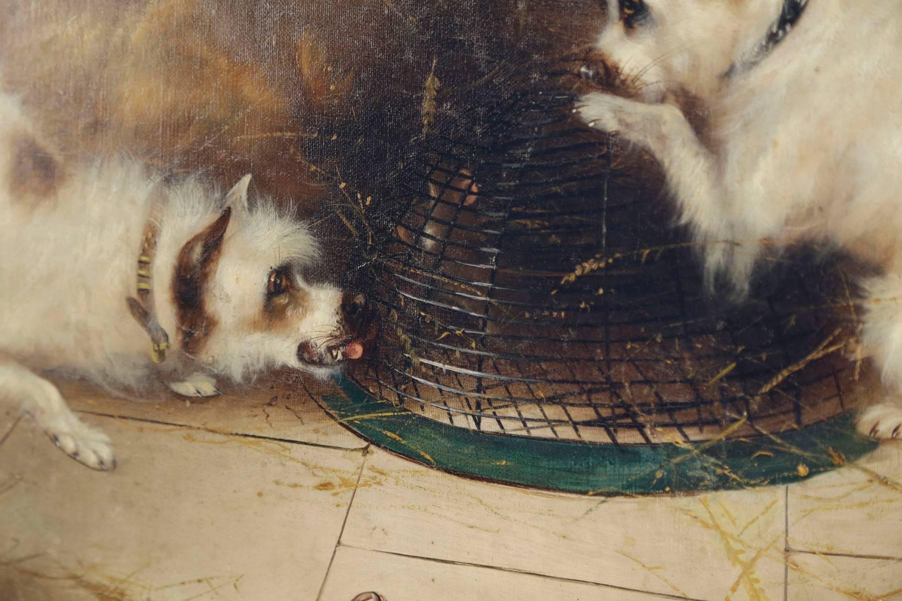 Terriers and Caged Rat, a pair of paintings - Gray Animal Painting by Unknown